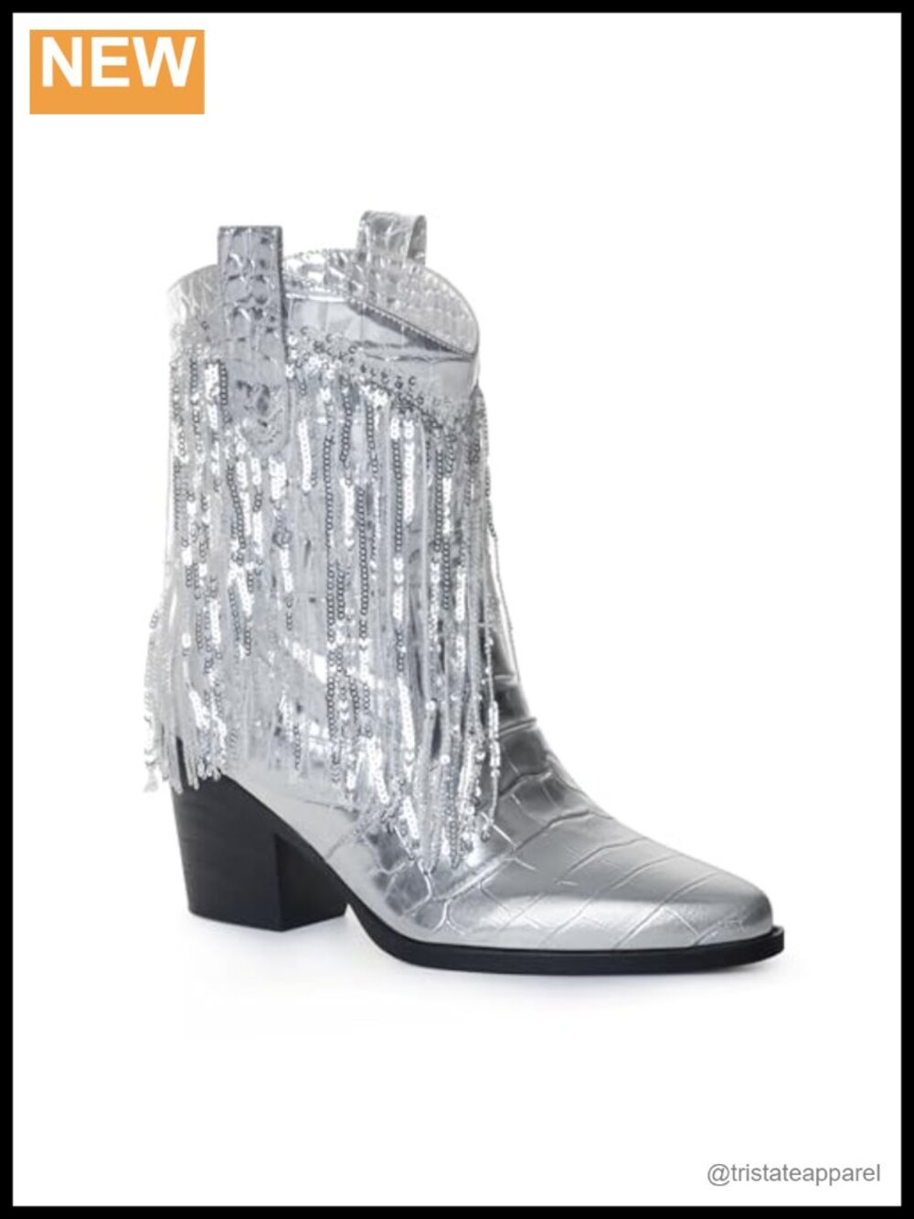 Faux Leather Cowboy Ankle Boots with Tassels Pointed Toe Chunky Heel Pull On